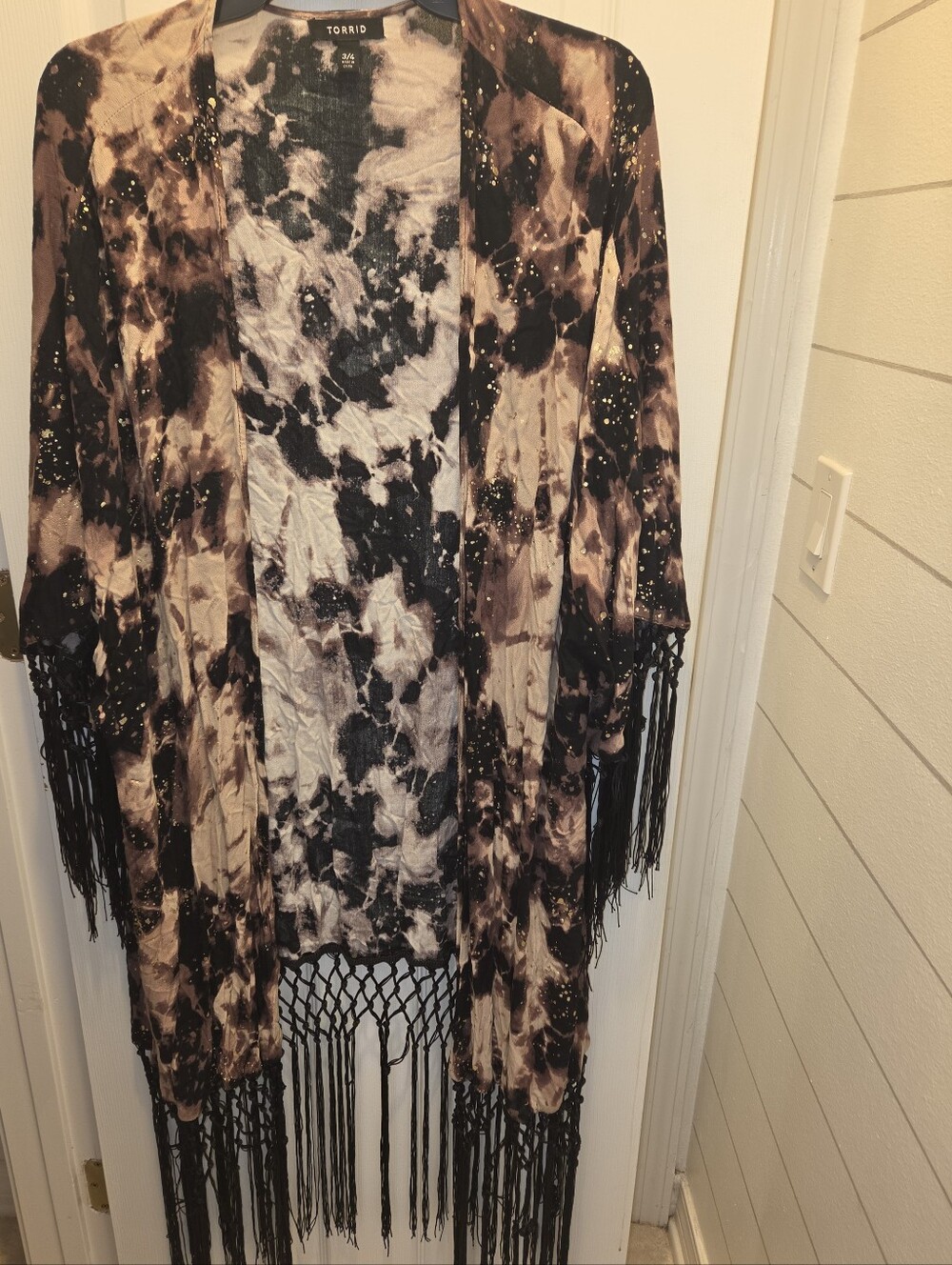 Torrid Tie-Dye Fringe Open Kimono - Black, Beige, Gold